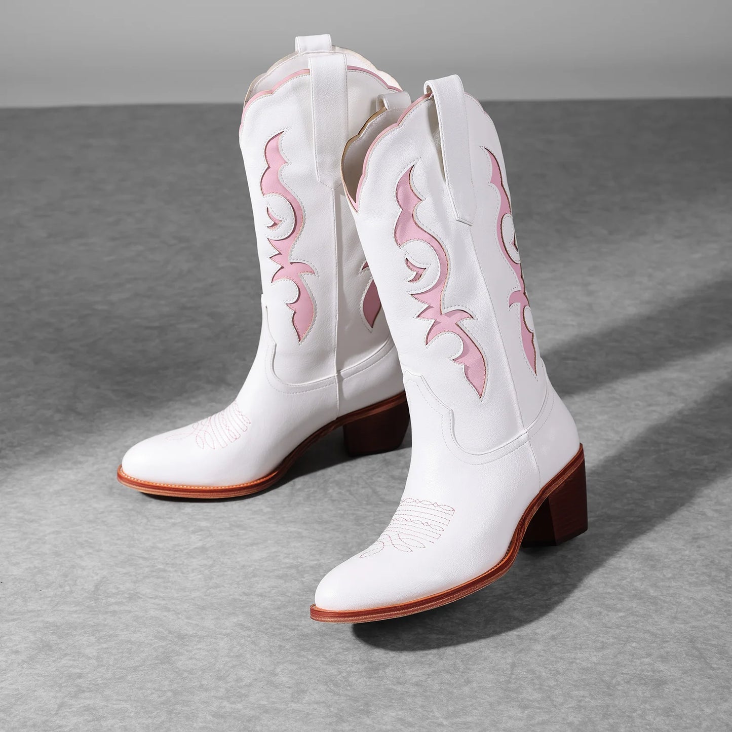 Women's Red Floral Embroidered Cowboy Boots - White Knee-High, Pink Toe, Chunky Heel. Fashionable Western Style