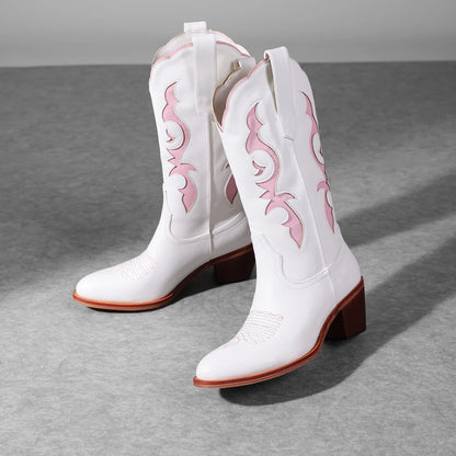 Women's Red Floral Embroidered Cowboy Boots - White Knee-High, Pink Toe, Chunky Heel. Fashionable Western Style