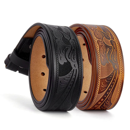 2024 High Quantity Western Leather Men Belts No Buckle Strap for Men Two Layer Embossed Cowhide Male Cowboy Belt Without Buckle