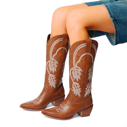 Meotina Women Knee High Cowboy Boots Pointed Toe Thick High Heels Embroidery Western Cowgirl Gogo Boots Ladies Fashion Shoes 43
