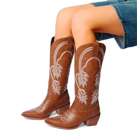 Meotina Women Knee High Cowboy Boots Pointed Toe Thick High Heels Embroidery Western Cowgirl Gogo Boots Ladies Fashion Shoes 43