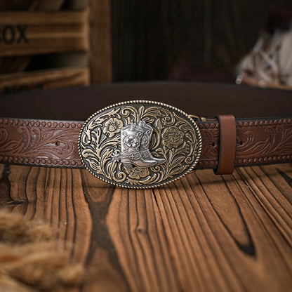 Men & Women-Western-Cowboy-PU Leather-Belts - Vintage Belt Floral Engraved Buckle Belt for Jeans