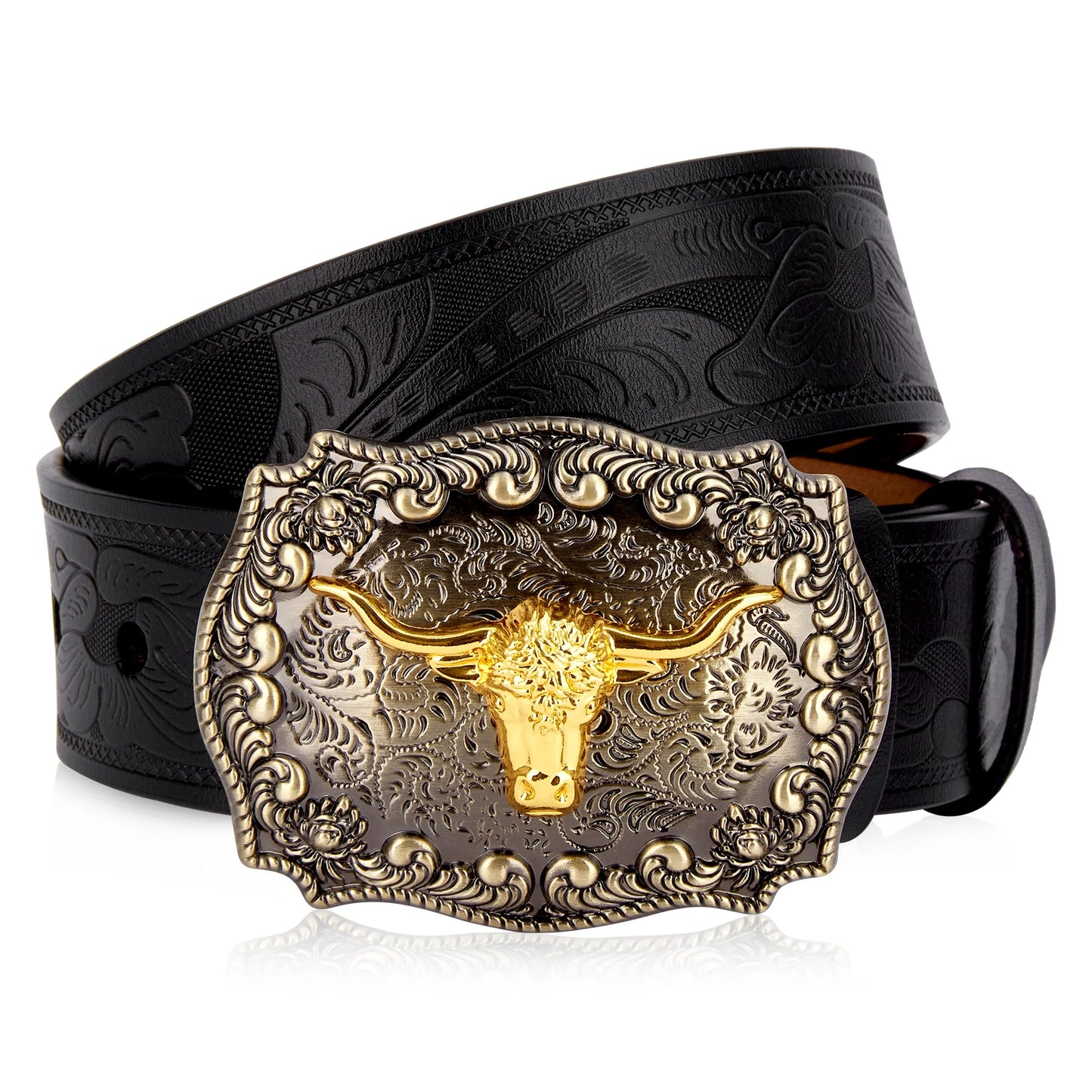 Men's Western Embossed Genuine Leather Belts with Golden Cowboy Longhorn Bull Buckle Belt Business Waist Straps For Men Droping