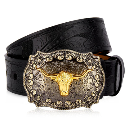Men's Western Embossed Genuine Leather Belts with Golden Cowboy Longhorn Bull Buckle Belt Business Waist Straps For Men Droping
