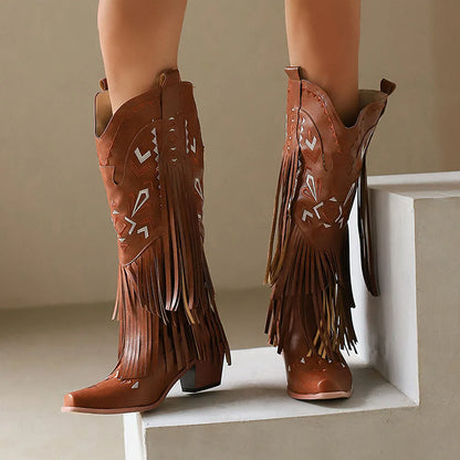 GIGIFOX Retro Tassel Embroidered Cowgirl Mid-Calf Women Western Boots Pointed Toe Chunky High Heel Cowboy Cool All-Match Shoes