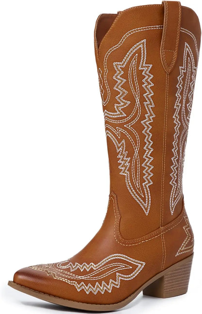 Cowboy Boots for Women Western Cowgirl Square Toe boots Embroidery Chunky Heel Mid-Calf Boots