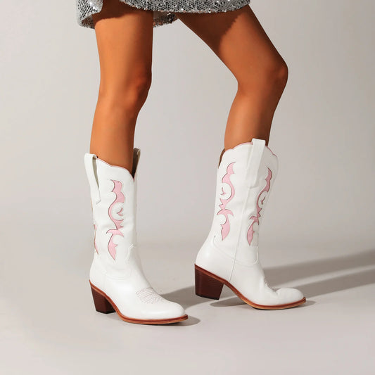 Women's Red Floral Embroidered Cowboy Boots - White Knee-High, Pink Toe, Chunky Heel. Fashionable Western Style