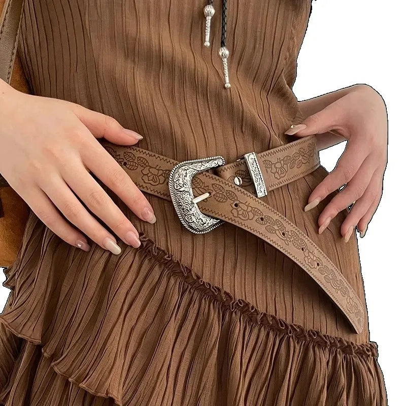 Y2K Pattern Print Belt Western PU Leather for Women Designer Brand Metal Buckle Pin Waist Belt Girls Hip Hop Fashion Waistband
