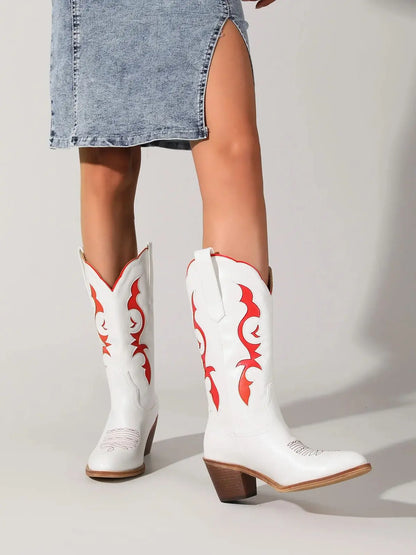 Women's Red Floral Embroidered Cowboy Boots - White Knee-High, Pink Toe, Chunky Heel. Fashionable Western Style