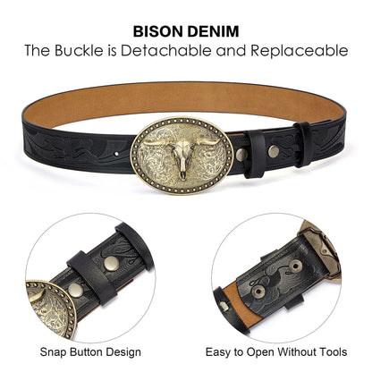 Men's Western Embossed Genuine Leather Belts with Golden Cowboy Longhorn Bull Buckle Belt Business Waist Straps For Men Droping