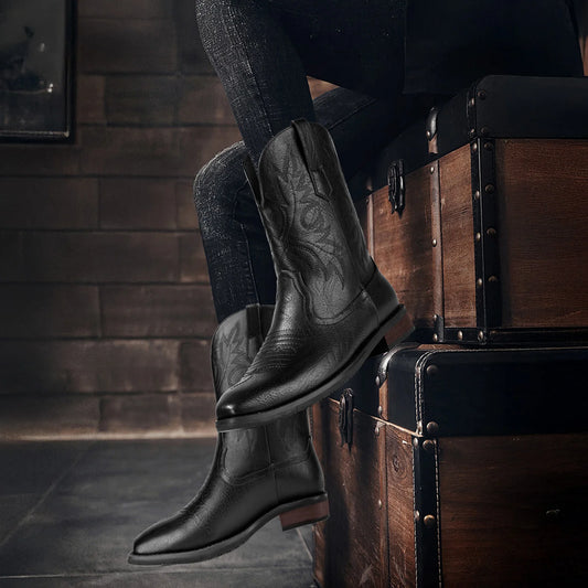 Men's Western Cowboy Boots: Classic Embroidered Slip-On with Square Toe – Durable Chunky Heel Ankle Boots for Spring & Fall