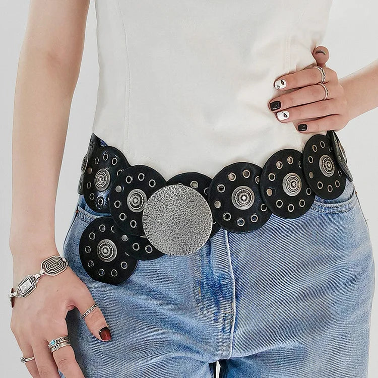 New Women's Western Denim Belt High Quality Metal Hollow Ladies Trend Wide Waistband Vintage Personalized Round Belts DT148