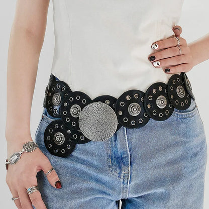 New Women's Western Denim Belt High Quality Metal Hollow Ladies Trend Wide Waistband Vintage Personalized Round Belts DT148