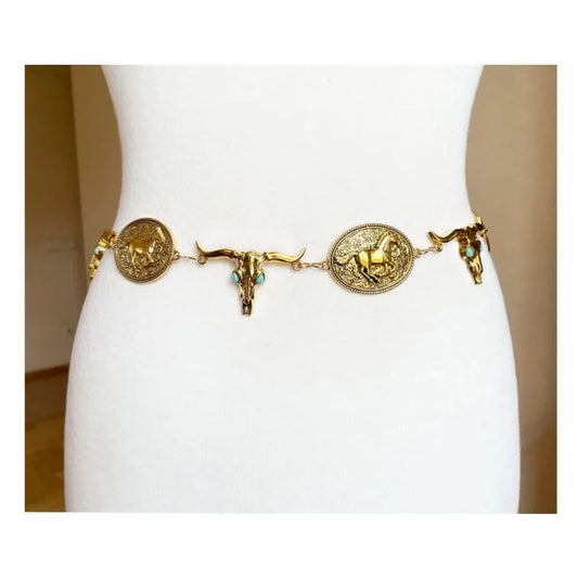 Western Concho belt, Gold Tone Metal, Oval Horse Concho, Bull Head Faux Turquoise belt