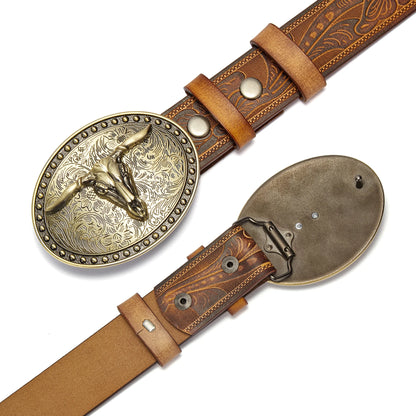 Men's Western Embossed Genuine Leather Belts with Golden Cowboy Longhorn Bull Buckle Belt Business Waist Straps For Men Droping