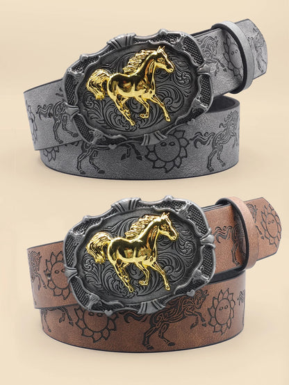 Western Cowboy Style Vintage Casual Belt - Horse Carved Buckle & Bohemian Print, Perfect for Daily Commute & Dating Outfits