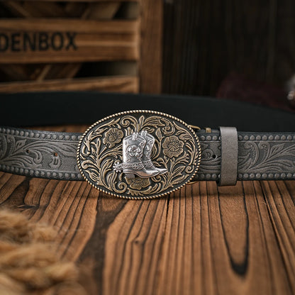 Men & Women-Western-Cowboy-PU Leather-Belts - Vintage Belt Floral Engraved Buckle Belt for Jeans