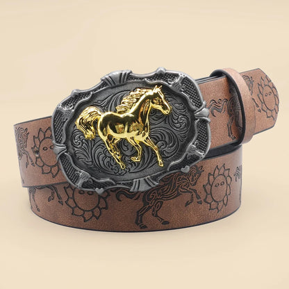 Western Cowboy Style Vintage Casual Belt - Horse Carved Buckle & Bohemian Print, Perfect for Daily Commute & Dating Outfits