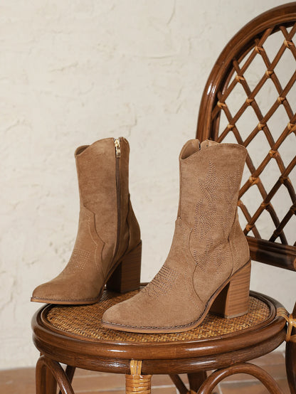 Cowboy Cowgirl Boots for Women: Western Country High Heel Boots Suede Zipper Mid Calf Booties