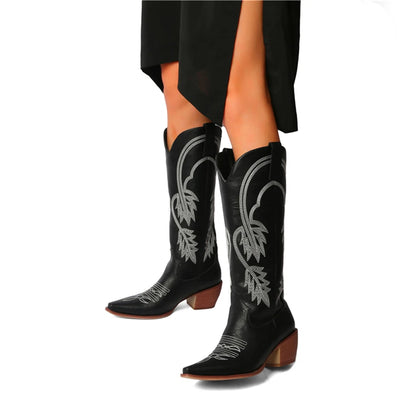Meotina Women Knee High Cowboy Boots Pointed Toe Thick High Heels Embroidery Western Cowgirl Gogo Boots Ladies Fashion Shoes 43